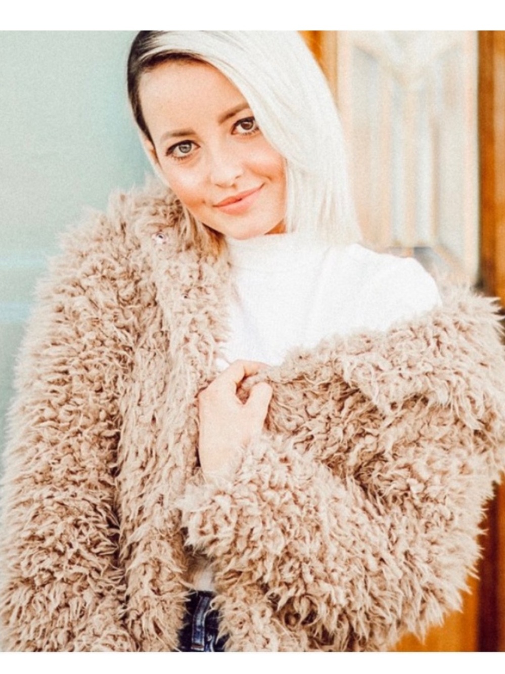 Thread & Supply Tan Shaggy Faux Fur Teddy Coat Jacket Open